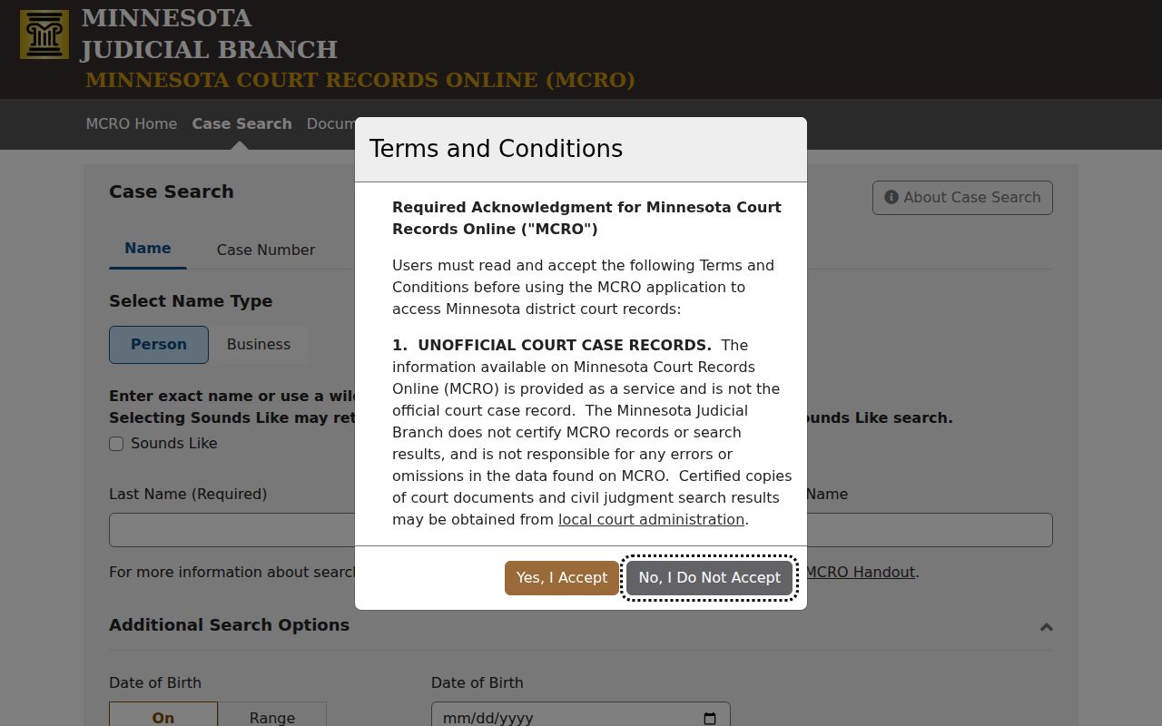 Clay County case lookup MCRO Case Search interface