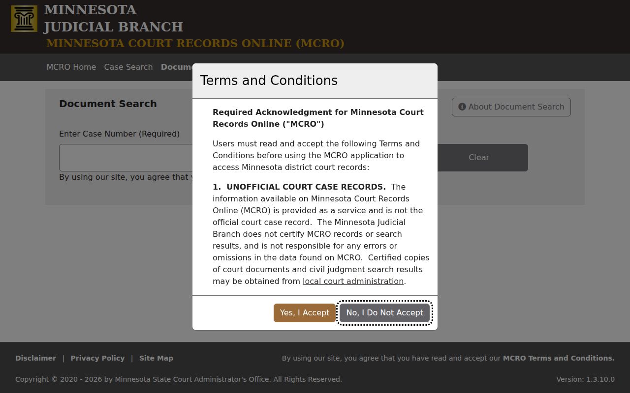 Clay County case lookup MCRO Document Search interface