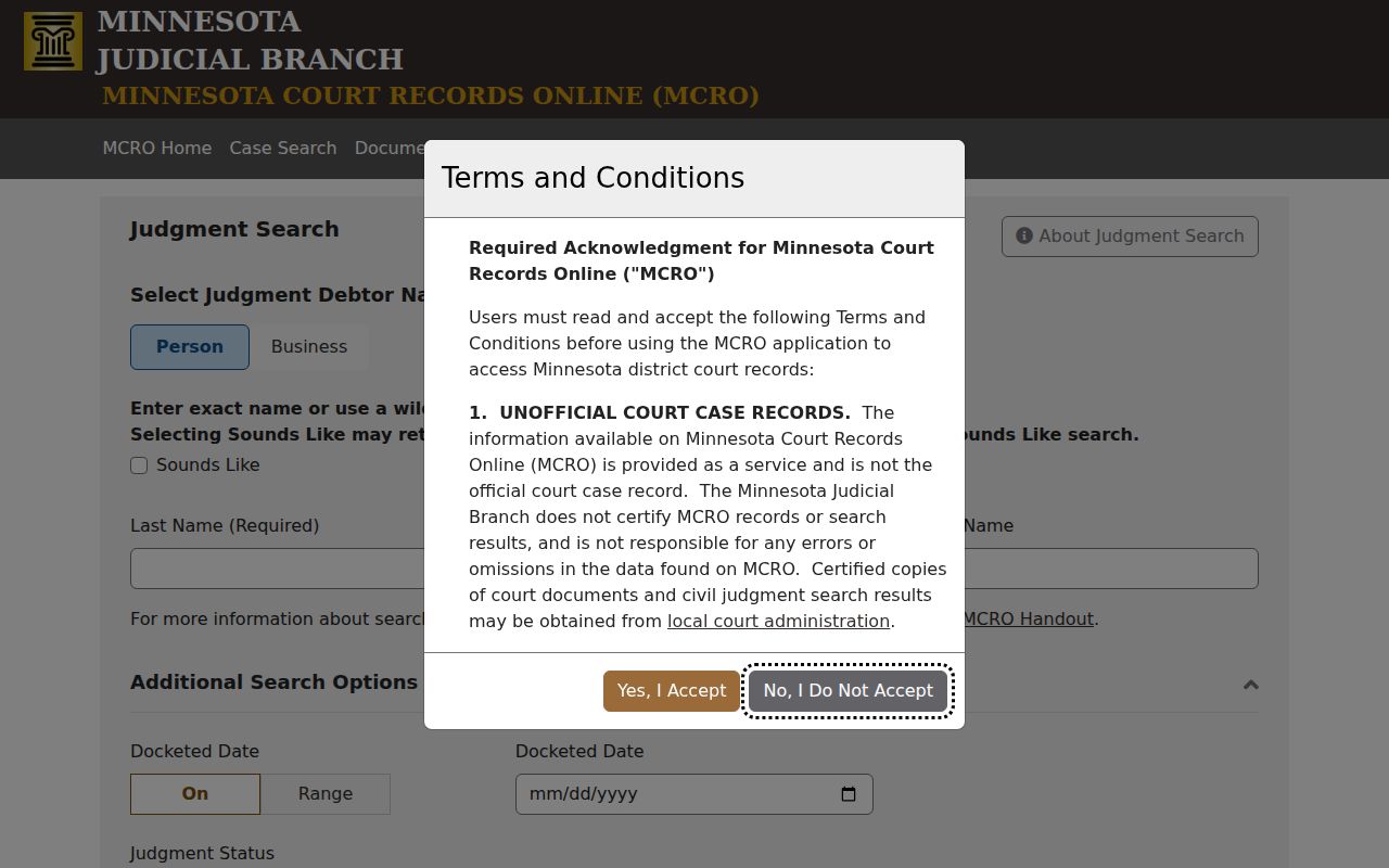 Clay County case lookup MCRO Judgment Search interface