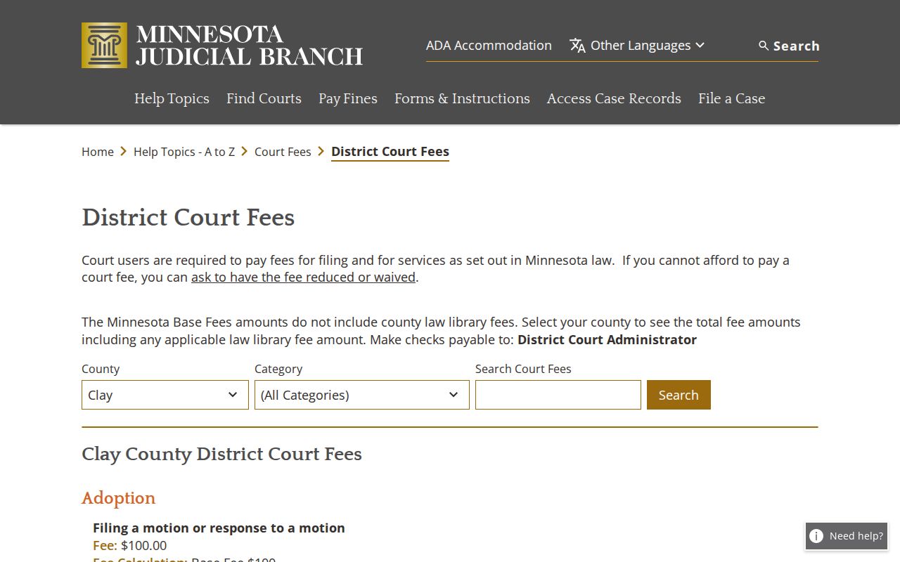 Clay County civil docket District Court fee information