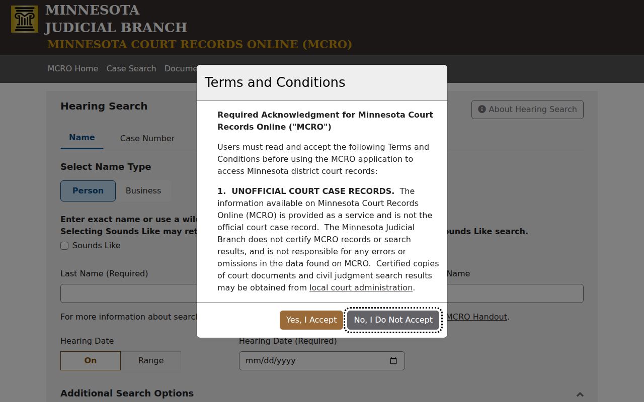 Clay County court dates MCRO hearing search interface