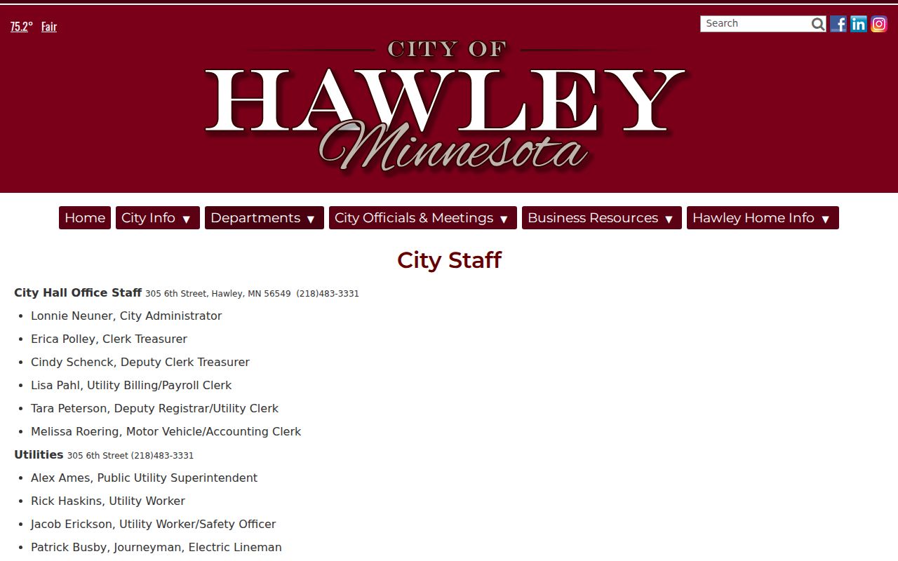 Hawley court record routing and City Hall staff information